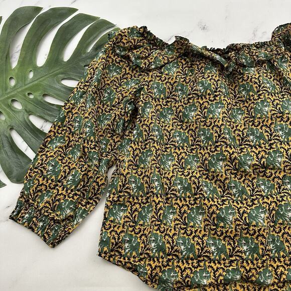 J.Crew Womens Off Shoulder Ratti Top Size M Yellow Green Elephants Ruffle Button - Picture 11 of 12